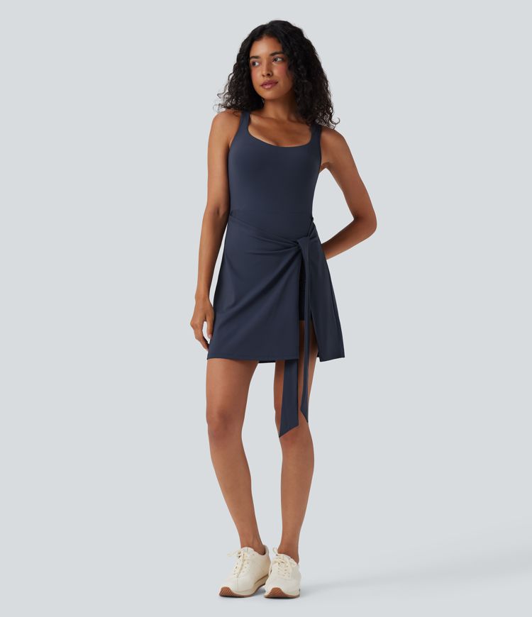 SoftlyZero™ Airy Sleeveless Tie Front 2-in-1 Cool Touch Mini Workout Dress with Pockets