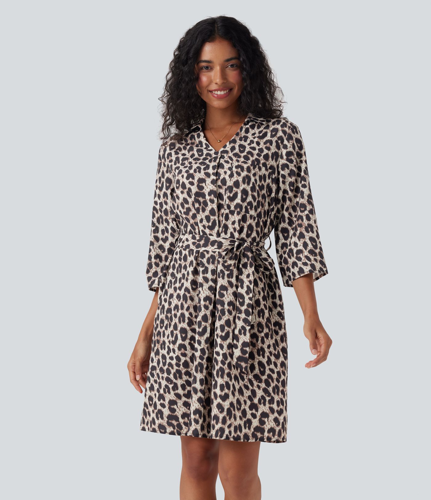 Roll Up Sleeve Belted Leopard Print Casual Shirt Dress with Pockets