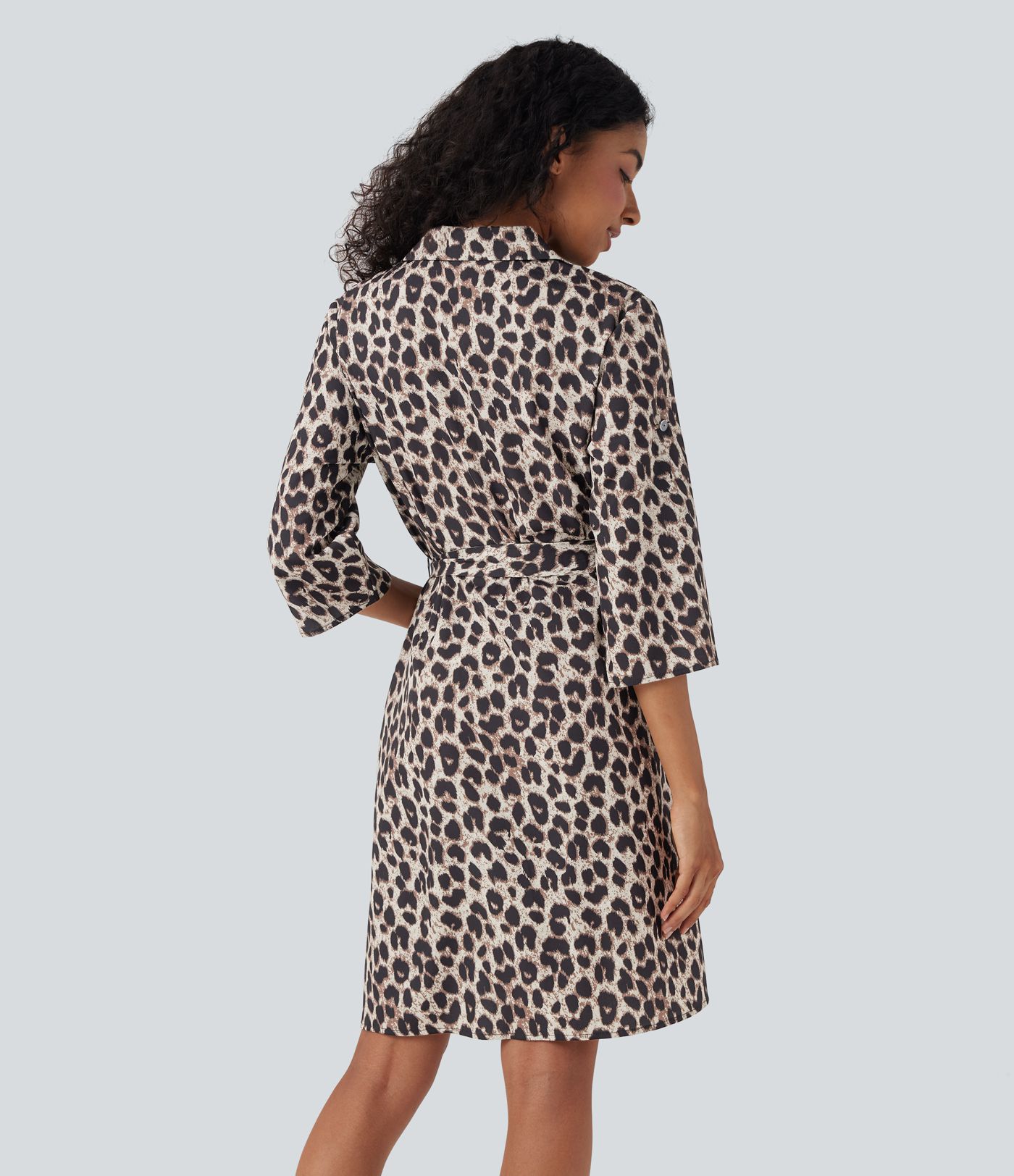 Roll Up Sleeve Belted Leopard Print Casual Shirt Dress with Pockets
