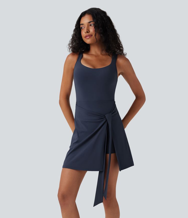 SoftlyZero™ Airy Sleeveless Tie Front 2-in-1 Cool Touch Mini Workout Dress with Pockets
