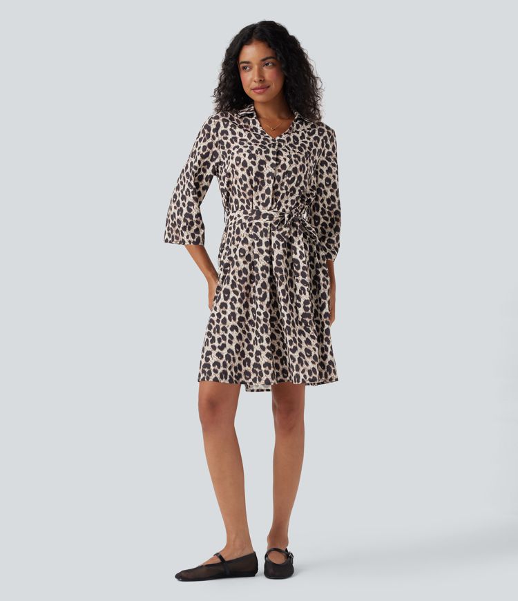 Roll Up Sleeve Belted Leopard Print Casual Shirt Dress with Pockets