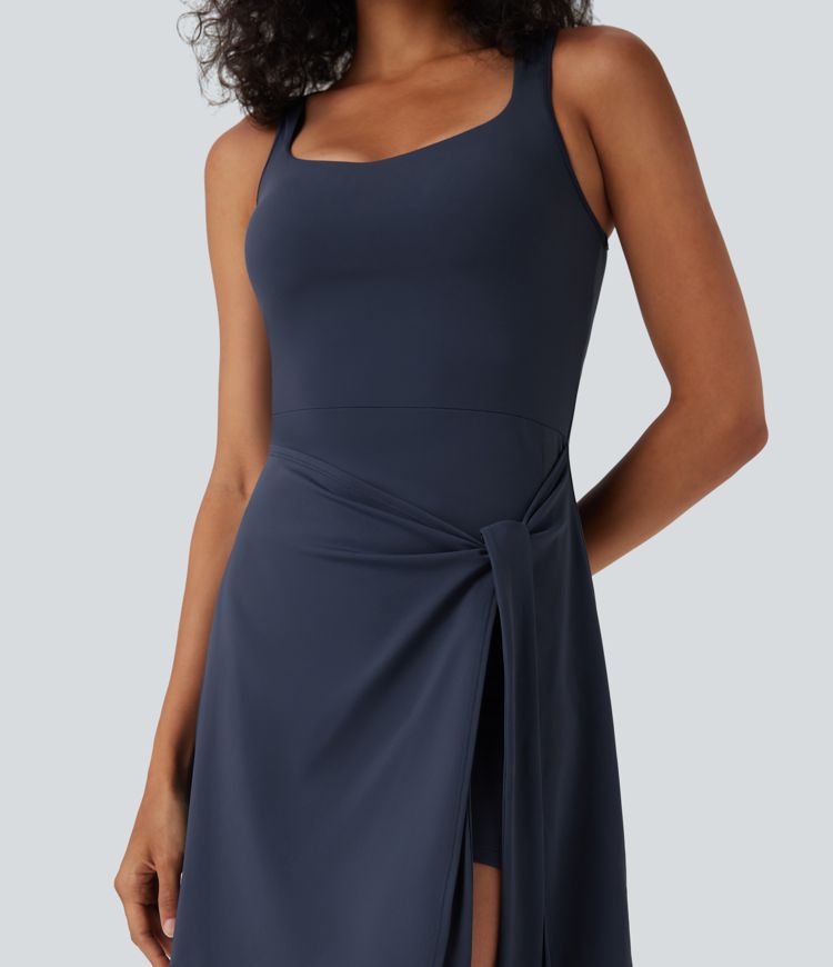 SoftlyZero™ Airy Sleeveless Tie Front 2-in-1 Cool Touch Mini Workout Dress with Pockets