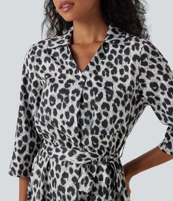 Roll Up Sleeve Belted Leopard Print Casual Shirt Dress with Pockets