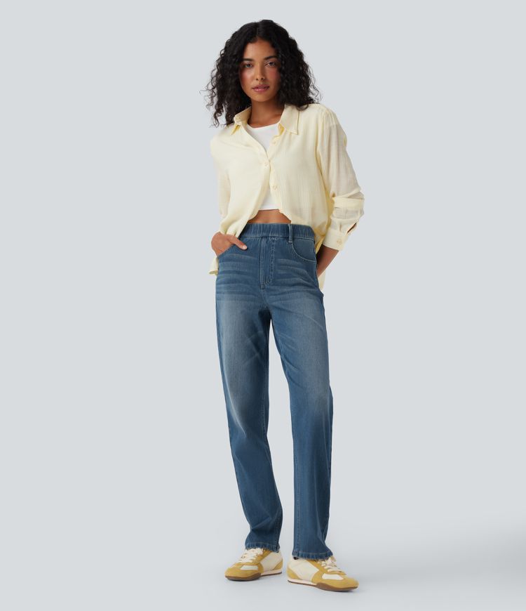 Halara Flex™ High Waisted Tummy Control Pockets Straight Leg Washed Casual Jeans Halara Flex™ High Waisted Tummy Control Pockets Straight Leg Washed Casual Jeans