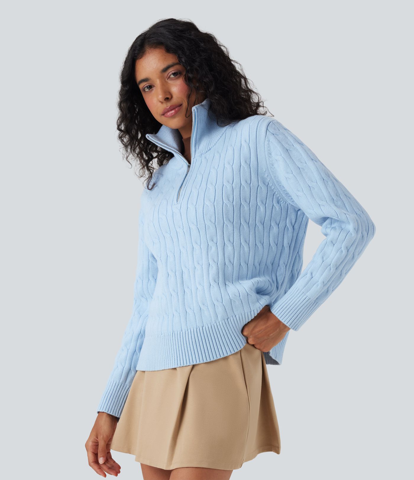 Half Zip Mock-neck Cable Knit Work Sweater