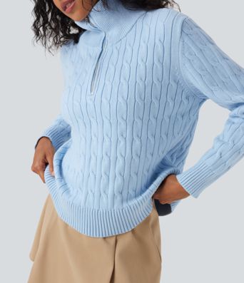 Half Zip Mock-neck Cable Knit Work Sweater