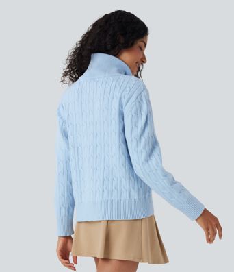 Half Zip Mock-neck Cable Knit Work Sweater
