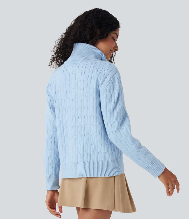 Half Zip Mock-neck Cable Knit Work Sweater