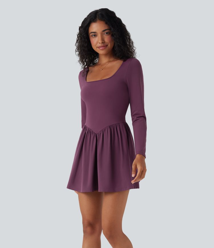 Breezeful™ Square Neck Long Sleeve Mini Quick Dry Casual Dress with Pockets