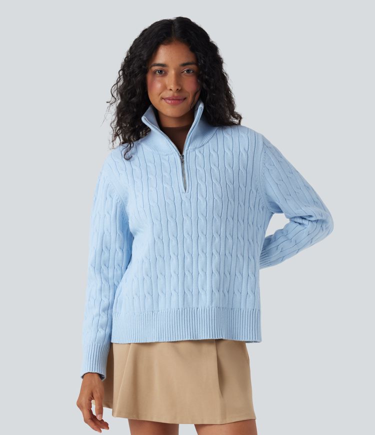 Half Zip Mock-neck Cable Knit Work Sweater