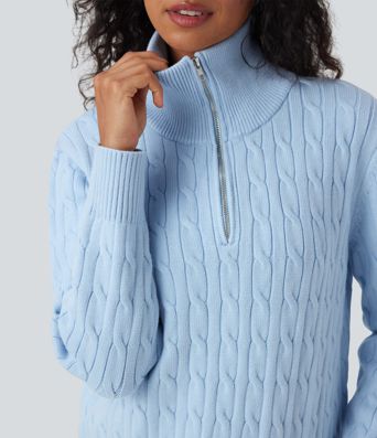 Half Zip Mock-neck Cable Knit Work Sweater