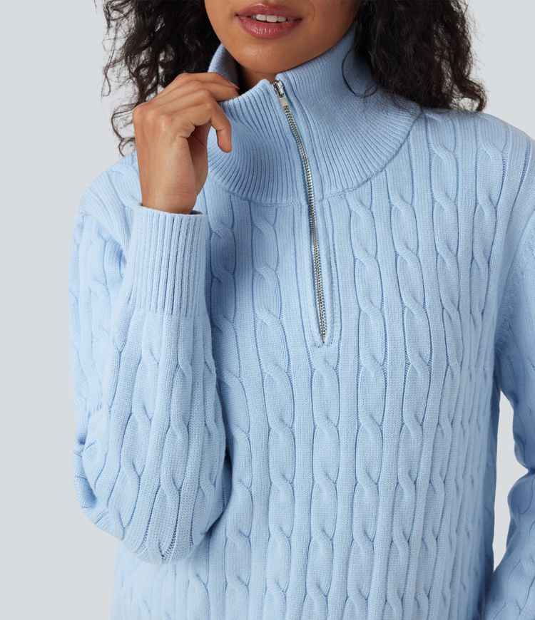 Half Zip Mock-neck Cable Knit Work Sweater