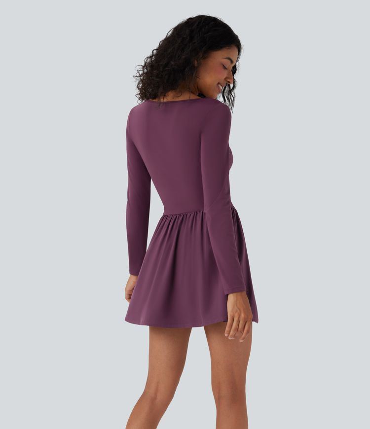 Breezeful™ Square Neck Long Sleeve Mini Quick Dry Casual Dress with Pockets
