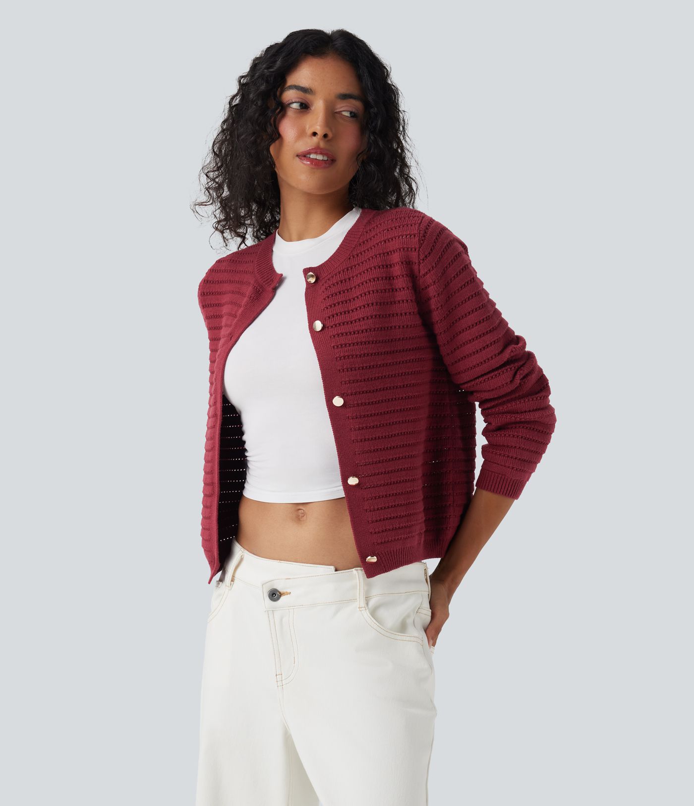 Suéter de cuello redondo para oficina de  manga larga y punto tipo cárdigan