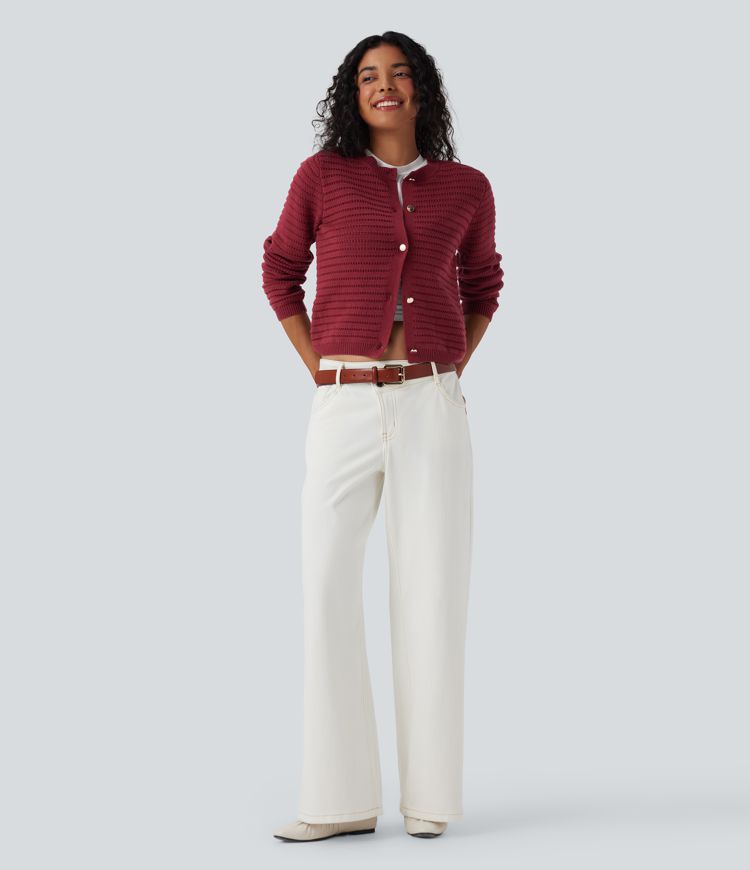 Suéter de cuello redondo para oficina de  manga larga y punto tipo cárdigan