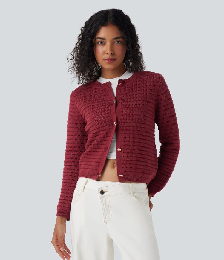 Round Neck Long Sleeve Sweater Knit Work Cardigan