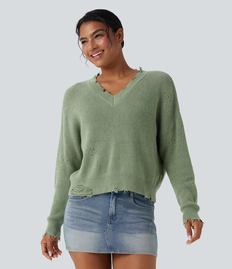 V-neck Distressed Casual Sweater