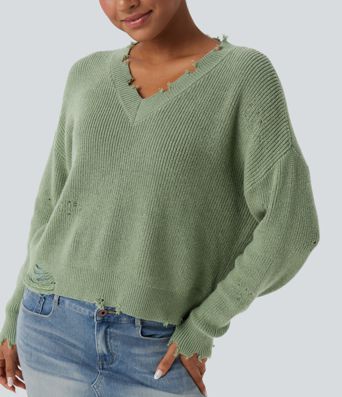 V-neck Distressed Casual Jumper