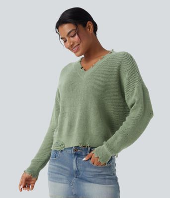 V-neck Distressed Casual Jumper