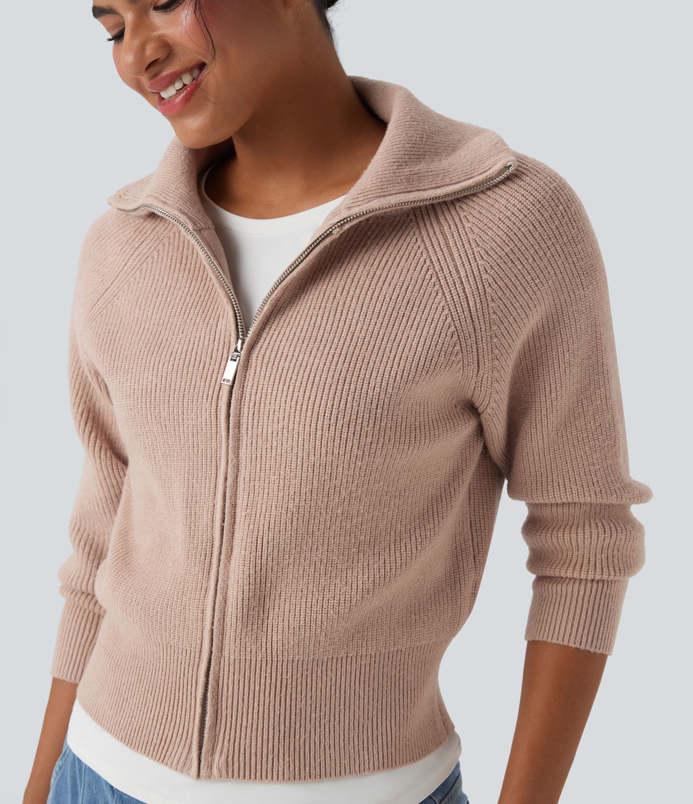 Cardigan décontracté à revers manches longues avec fermeture éclair