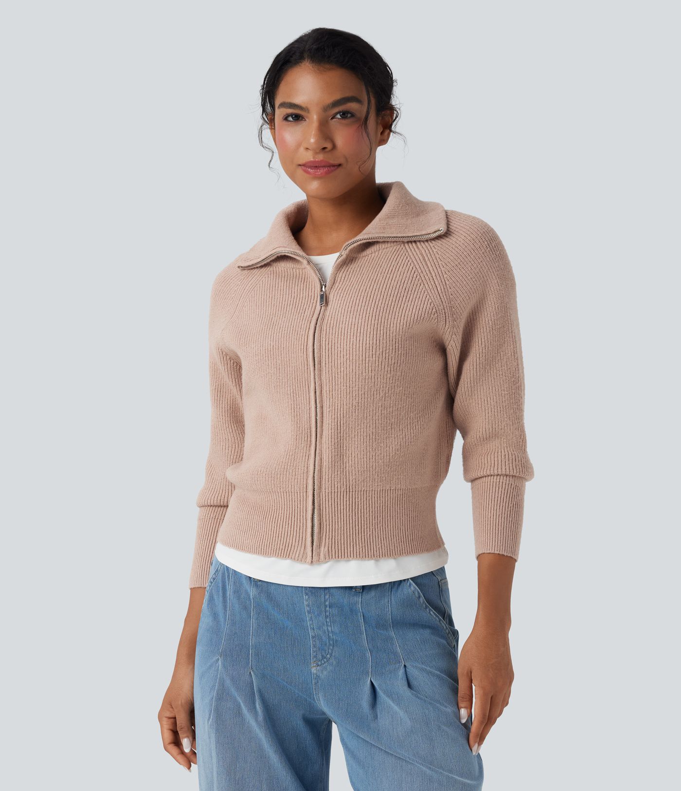 Cardigan décontracté à revers manches longues avec fermeture éclair