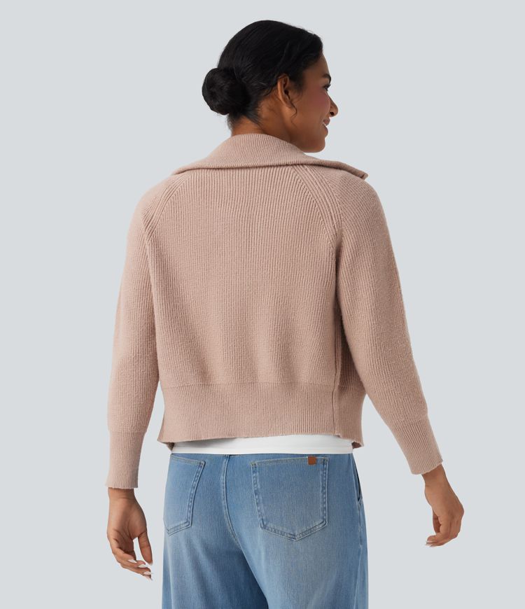 Cardigan décontracté à revers manches longues avec fermeture éclair