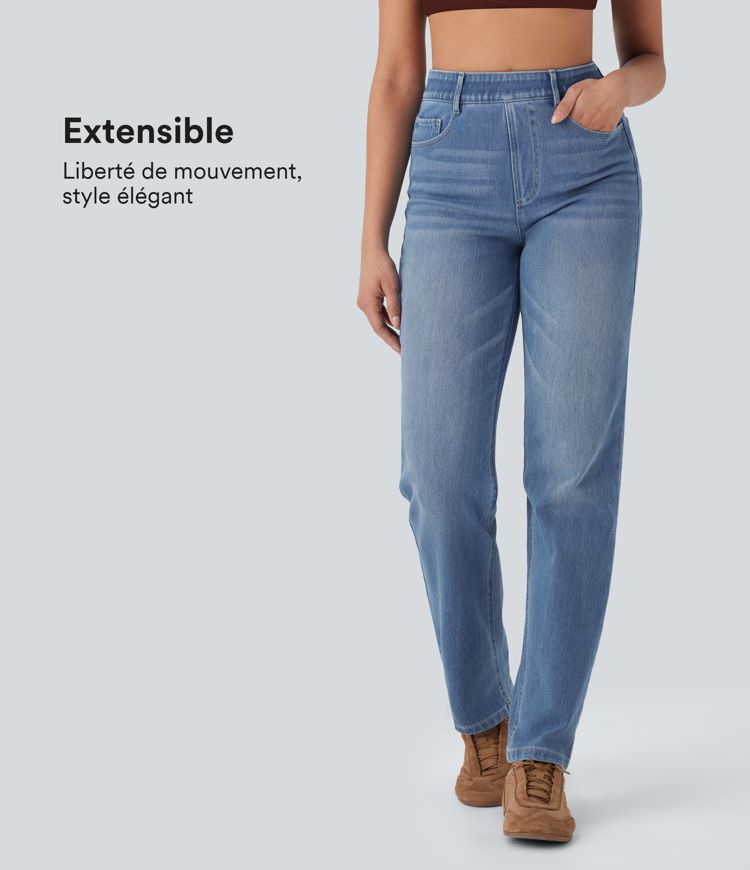 Jean droit Halara Flex™ taille haute, poches multiples, délavé et tricoté extensible