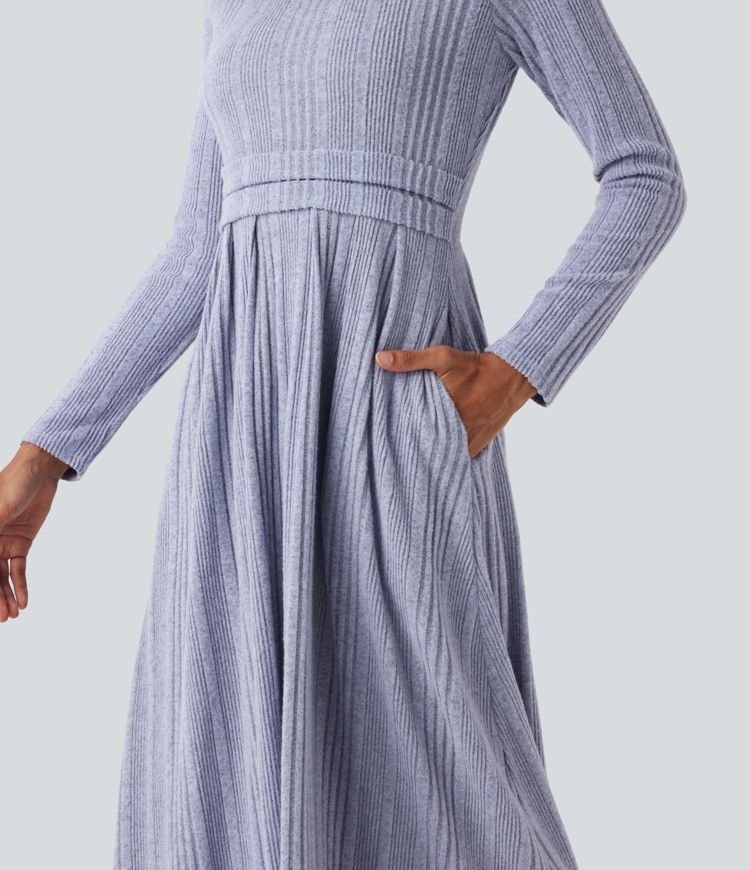 Round Neck Long Sleeve Flare Maxi Casual Dress