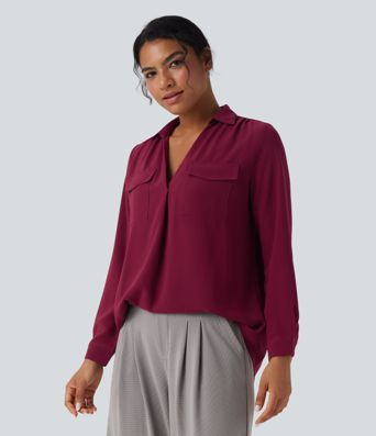 V Neck Long Sleeve Work Shirt with Pockets
