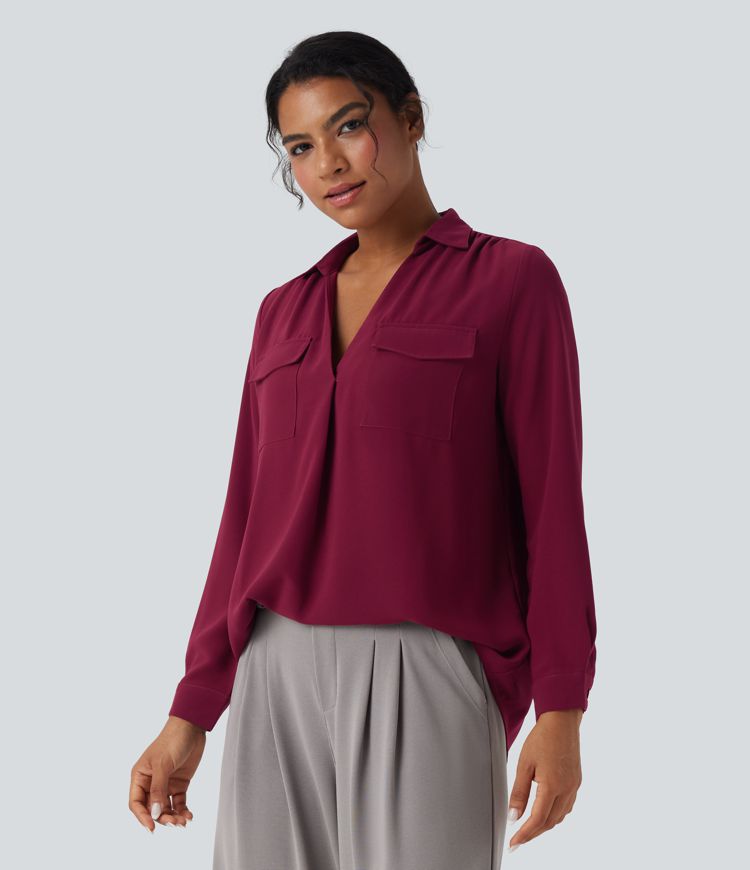 V Neck Long Sleeve Work Shirt with Pockets