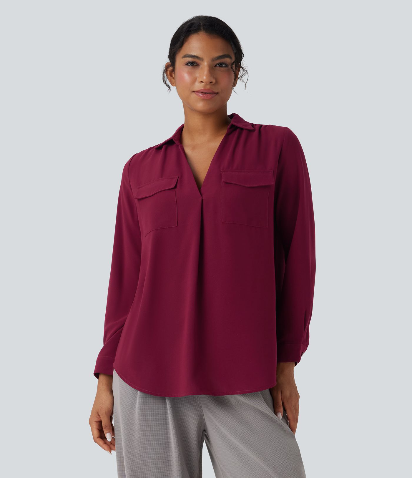 V Neck Long Sleeve Work Shirt with Pockets