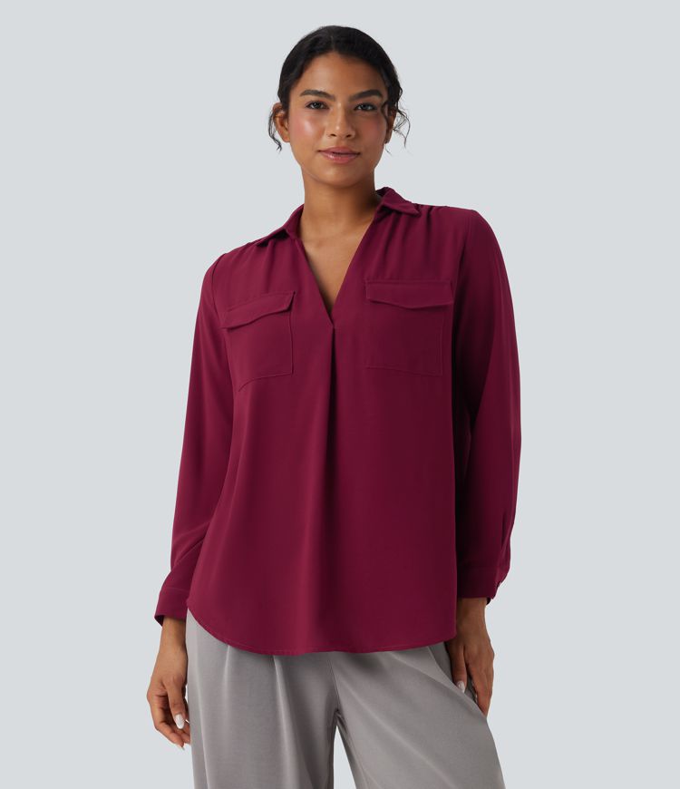 V Neck Long Sleeve Work Shirt with Pockets