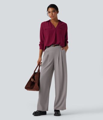 V Neck Long Sleeve Work Shirt with Pockets