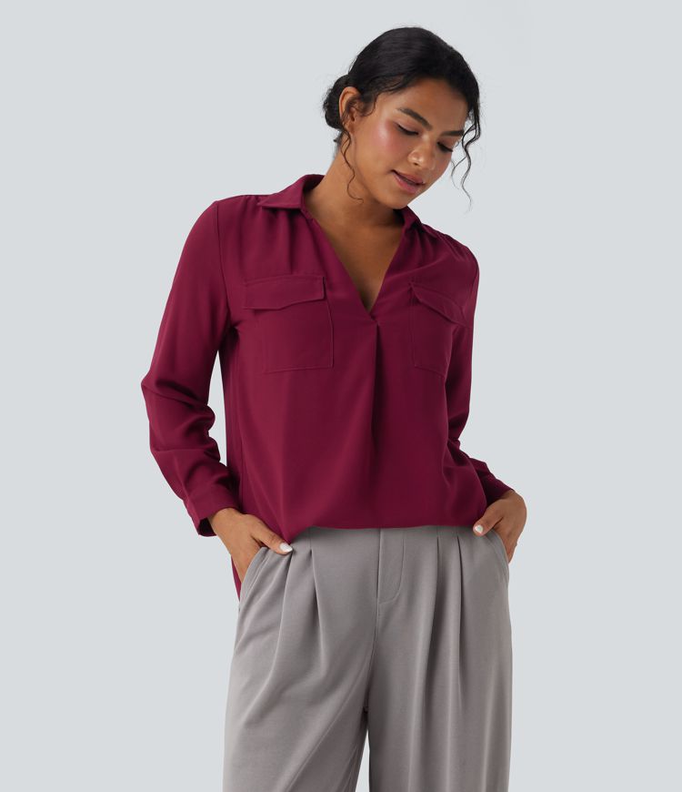 V Neck Long Sleeve Work Shirt with Pockets