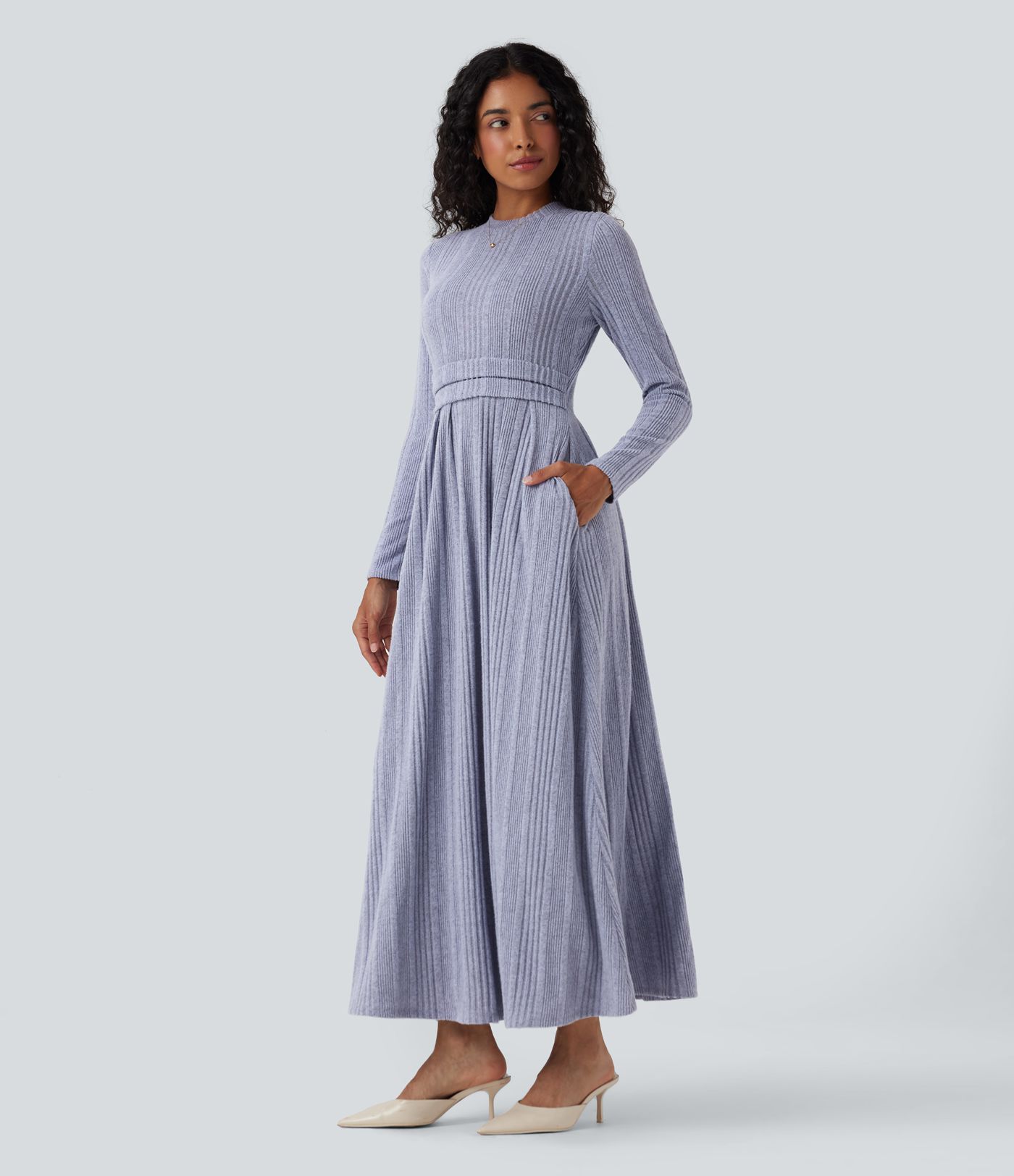 Round Neck Long Sleeve Flare Maxi Casual Dress
