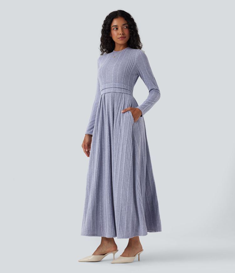 Round Neck Long Sleeve Flare Maxi Casual Dress