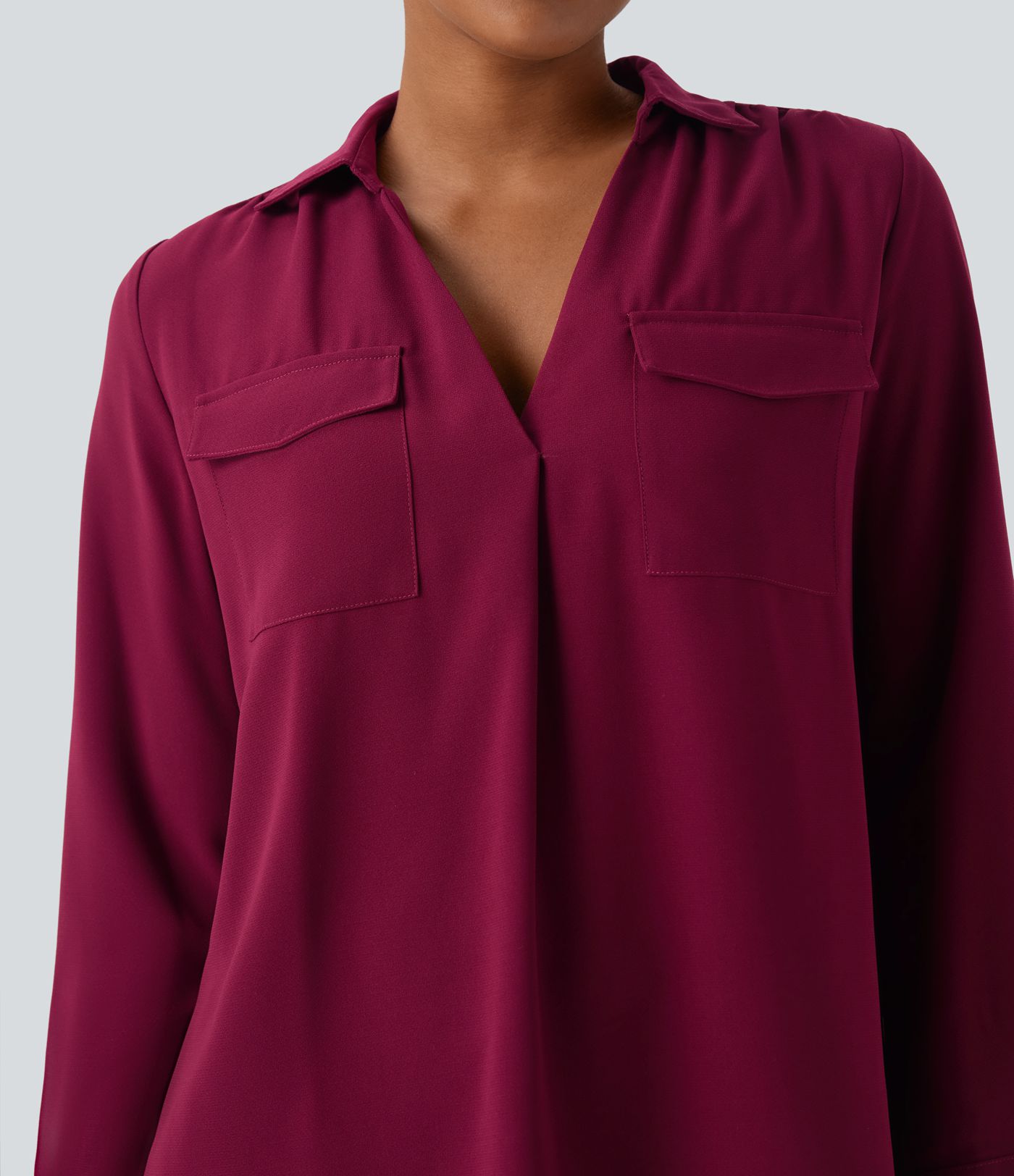 V Neck Long Sleeve Work Shirt with Pockets