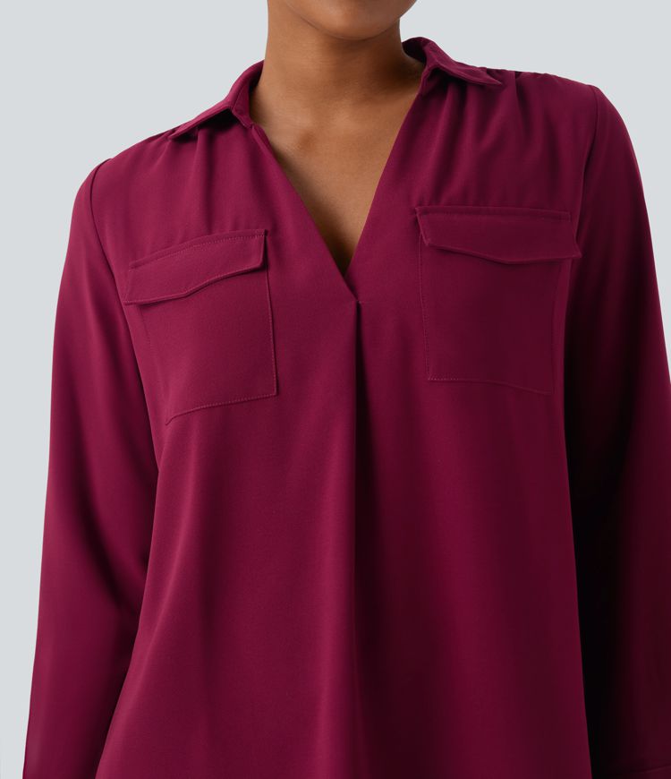 V Neck Long Sleeve Work Shirt with Pockets