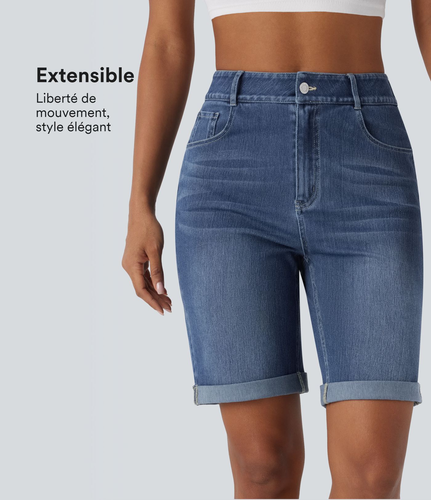 Bermuda décontracté en jean extensible délavé Halara Flex™ taille haute avec revers et multiples poches