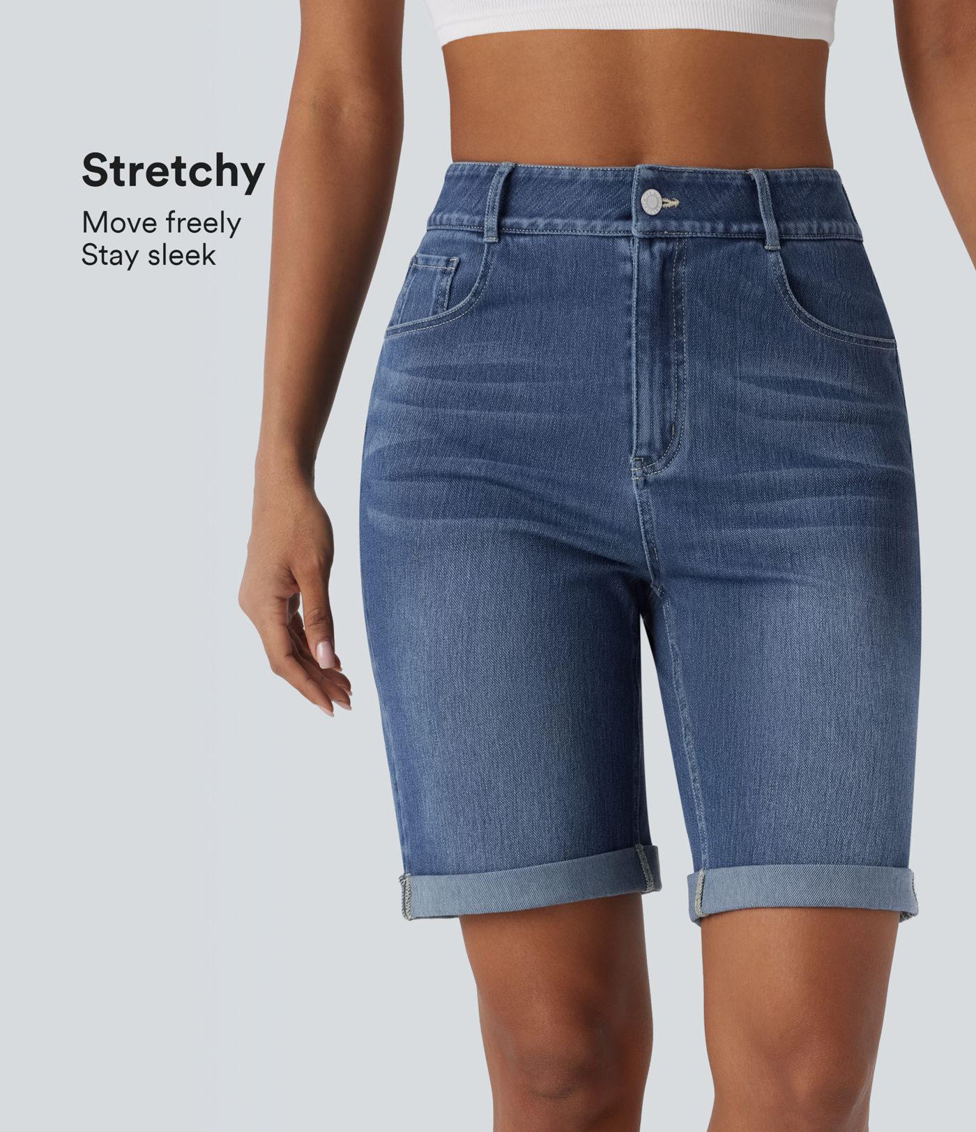 Bermuda décontracté en jean extensible délavé Halara Flex™ taille haute avec revers et multiples poches