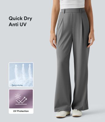 High Waisted Wide Leg Quick Dry Stretch Pocket  Suit Work Pants with Pockets-UPF40+