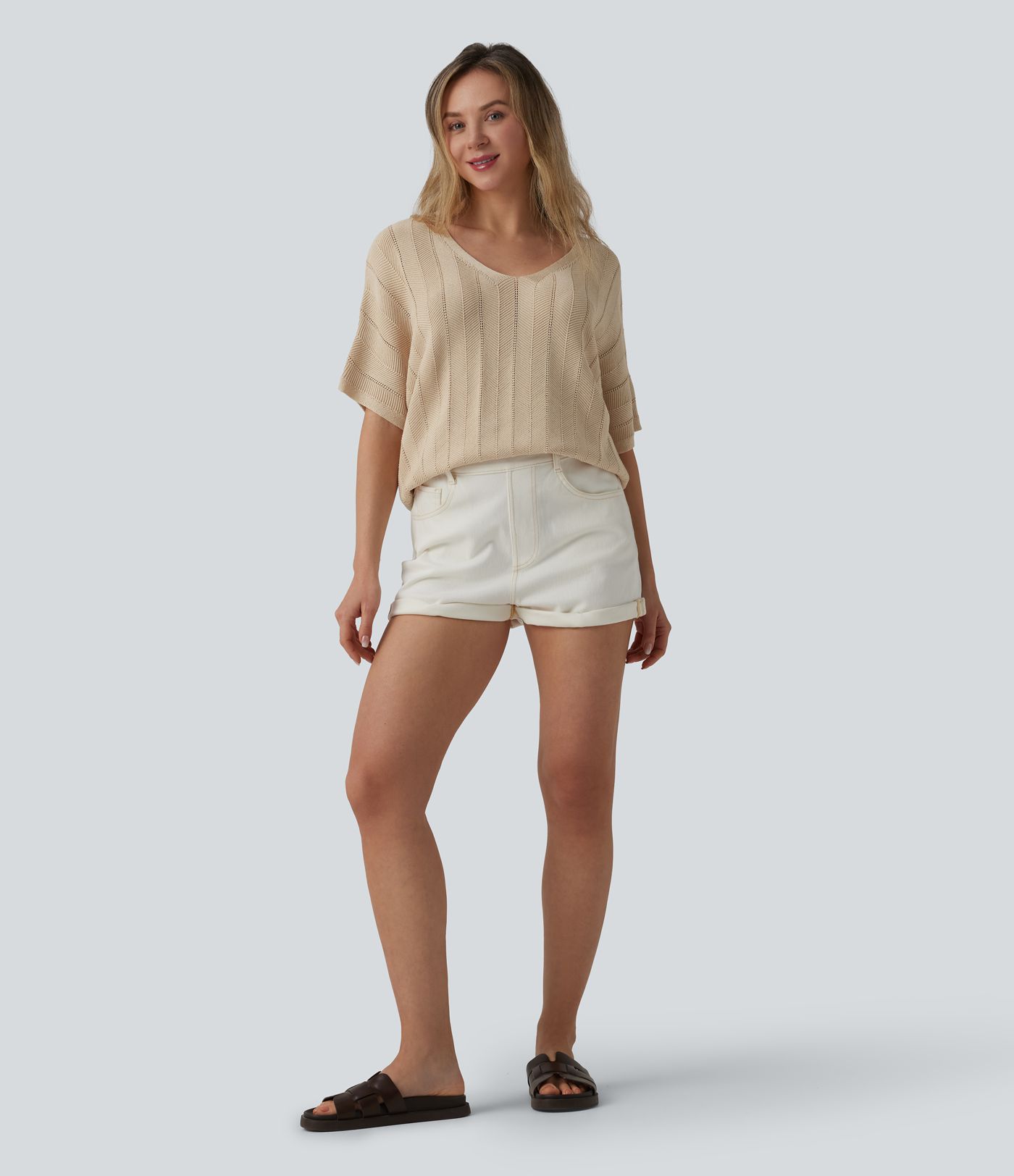 Pull décontracté col V manches courtes