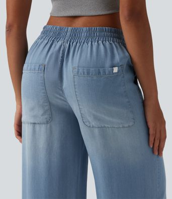 Mid Rise Draped Wide Leg Casual Jeans with Pockets