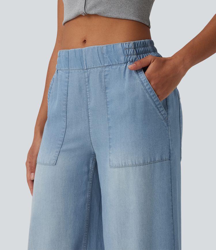 Mid Rise Draped Wide Leg Casual Jeans with Pockets
