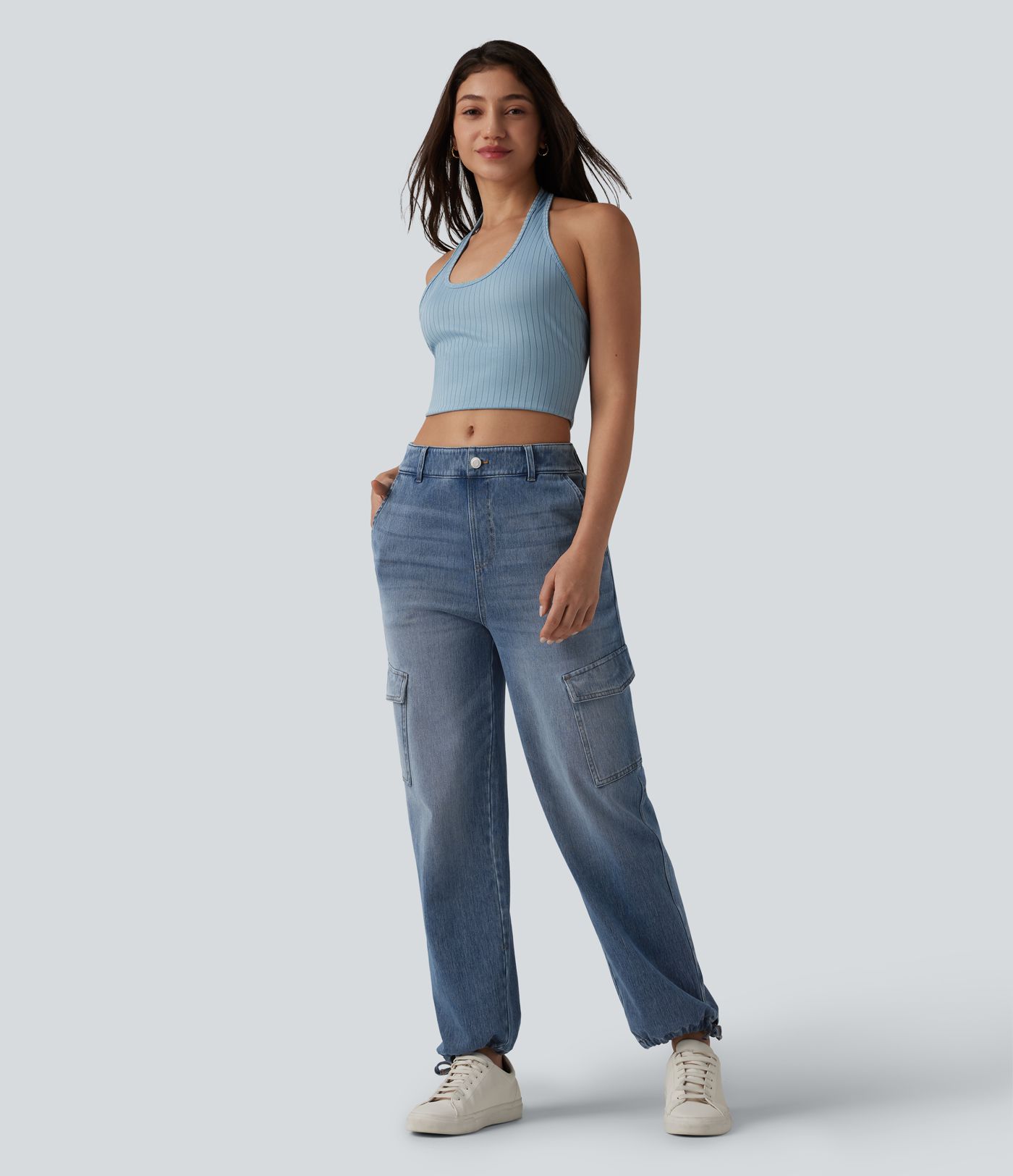 Halara Flex™ mittler Leibhöhe – gewaschene, lässige Cargo-Jeans mit Taschen