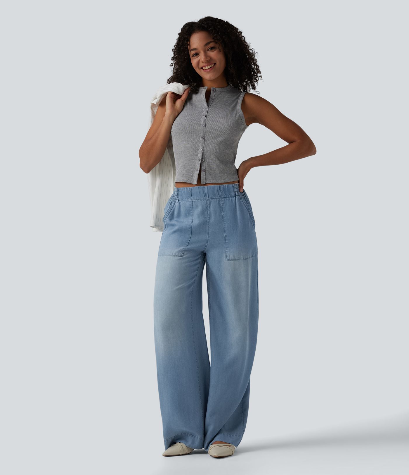 Mid Rise Draped Wide Leg Casual Jeans with Pockets