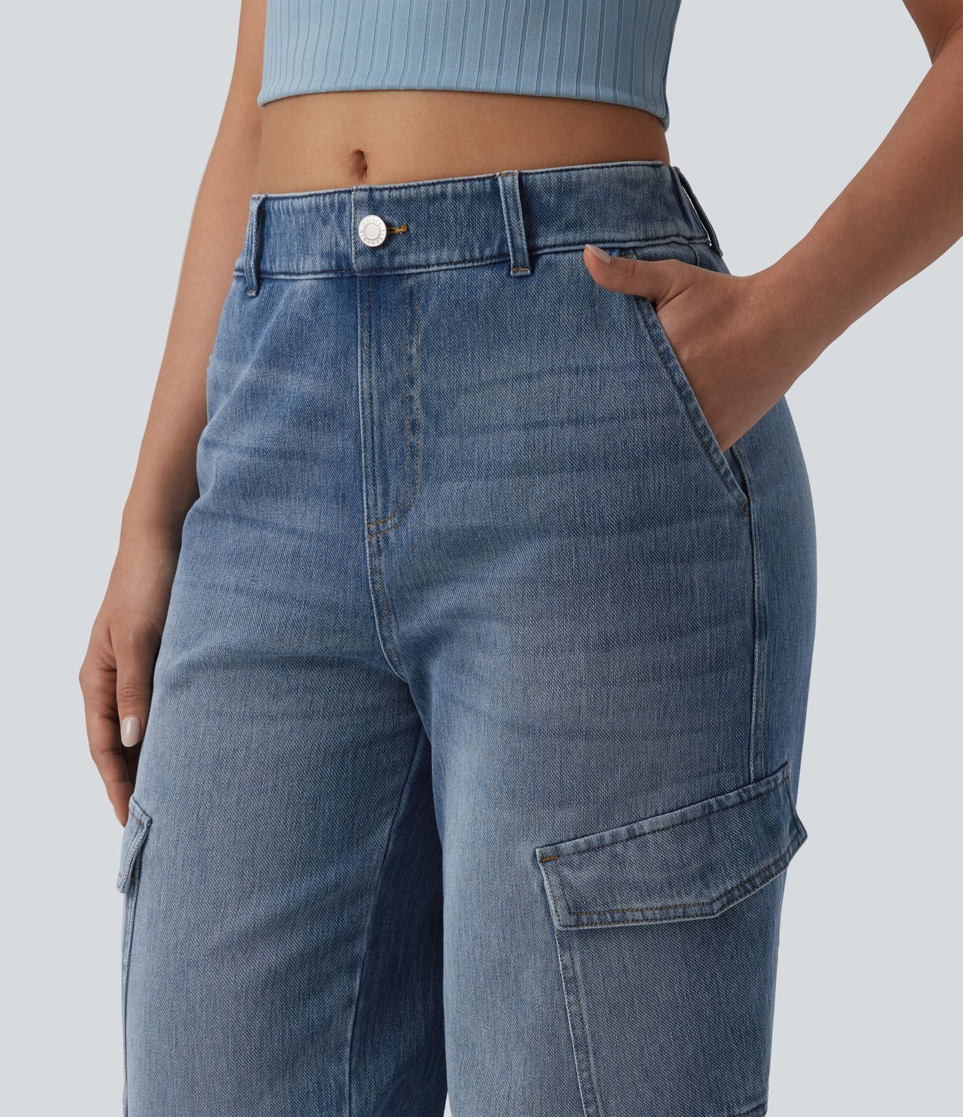 Halara Flex™ mittler Leibhöhe – gewaschene, lässige Cargo-Jeans mit Taschen