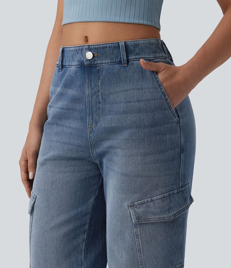 Halara Flex™ mittler Leibhöhe – gewaschene, lässige Cargo-Jeans mit Taschen