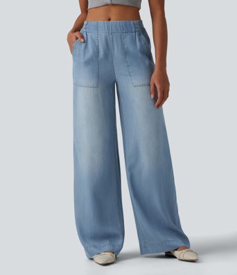 Mid Rise Draped Wide Leg Casual Jeans with Pockets