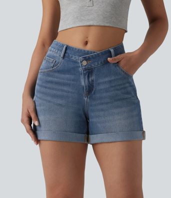Halara Flex™ Asymmetric High Waisted Rolled Hem Washed Denim Casual Shorts with Pockets